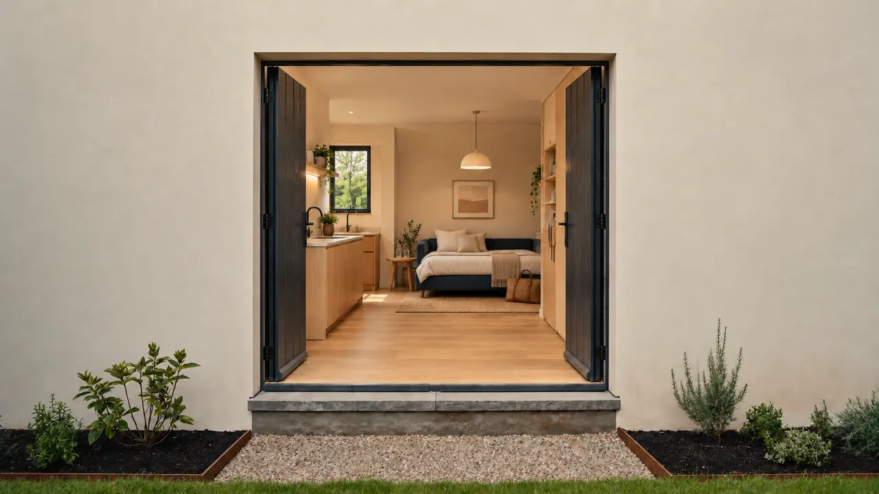 A cream-dressed daybed and overnight bag prepare the same room for a guest.