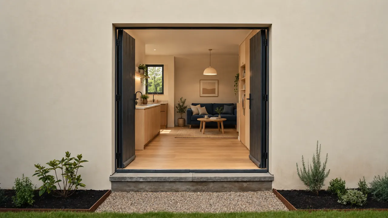 The same compact ADU concept arranged with comfortable seating and personal storage for family living.