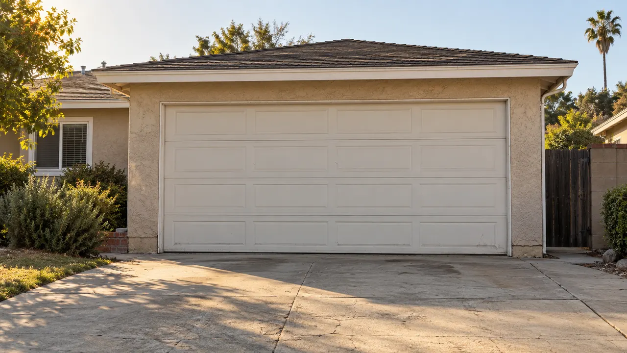 an ordinary Southern California stucco home with a closed off-white sectional garage door, worn concrete driveway and modest landscaping.