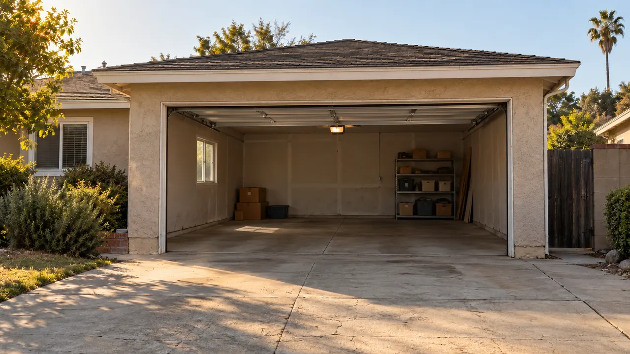 The same sectional door lifted overhead reveals an underused garage with concrete floor, storage boxes and shelving.