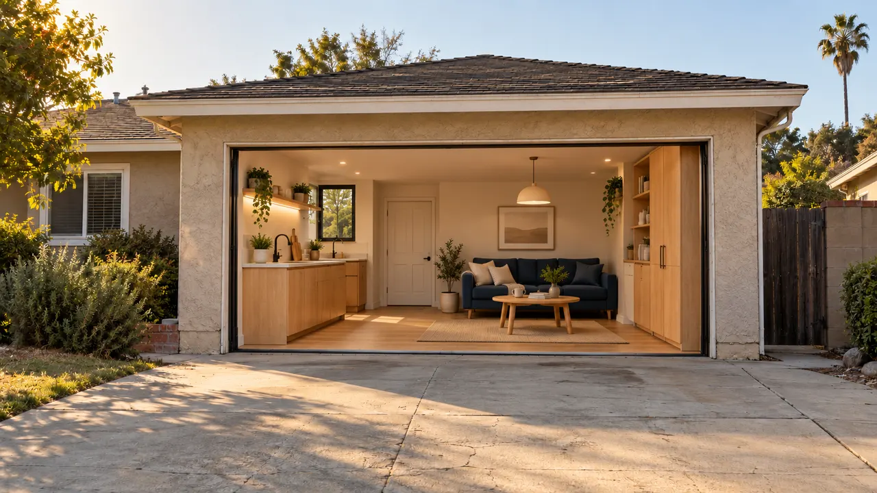 Inside the same garage opening, an illustrative warm ADU living concept with oak kitchenette, navy sofa and personal storage.