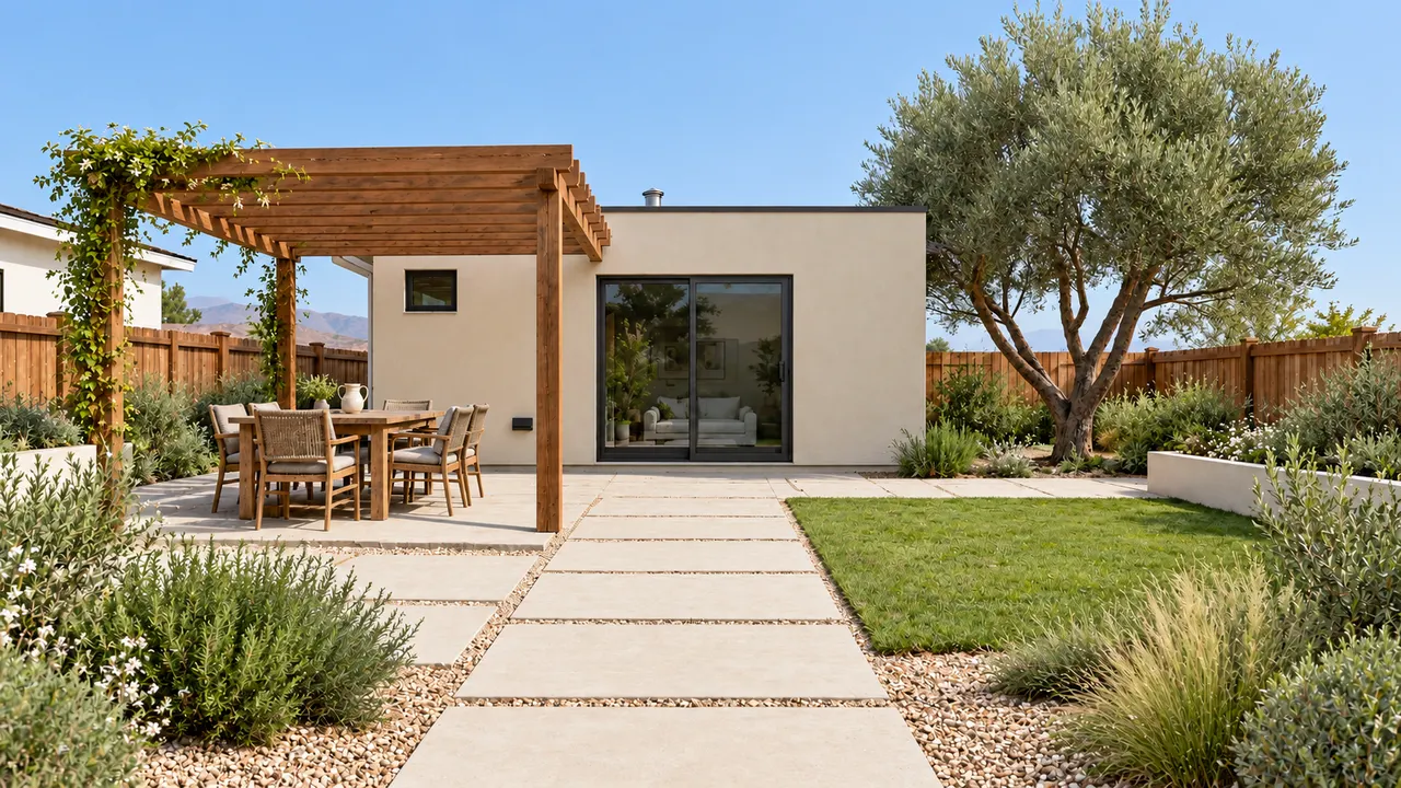 The same finished yard in bright afternoon: pergola shade over a dining table, green lawn and planted path.