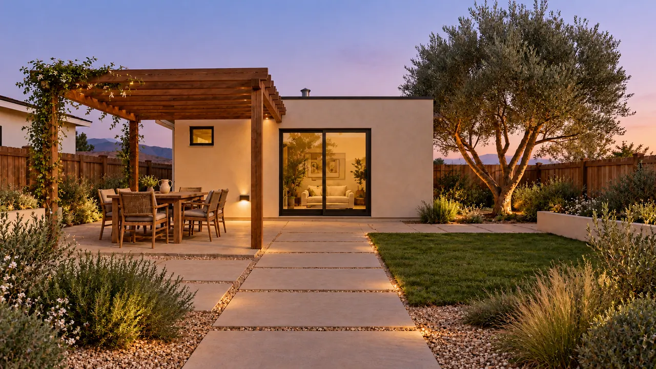 At dusk, small path and pergola lights glow around the same yard and mature tree.