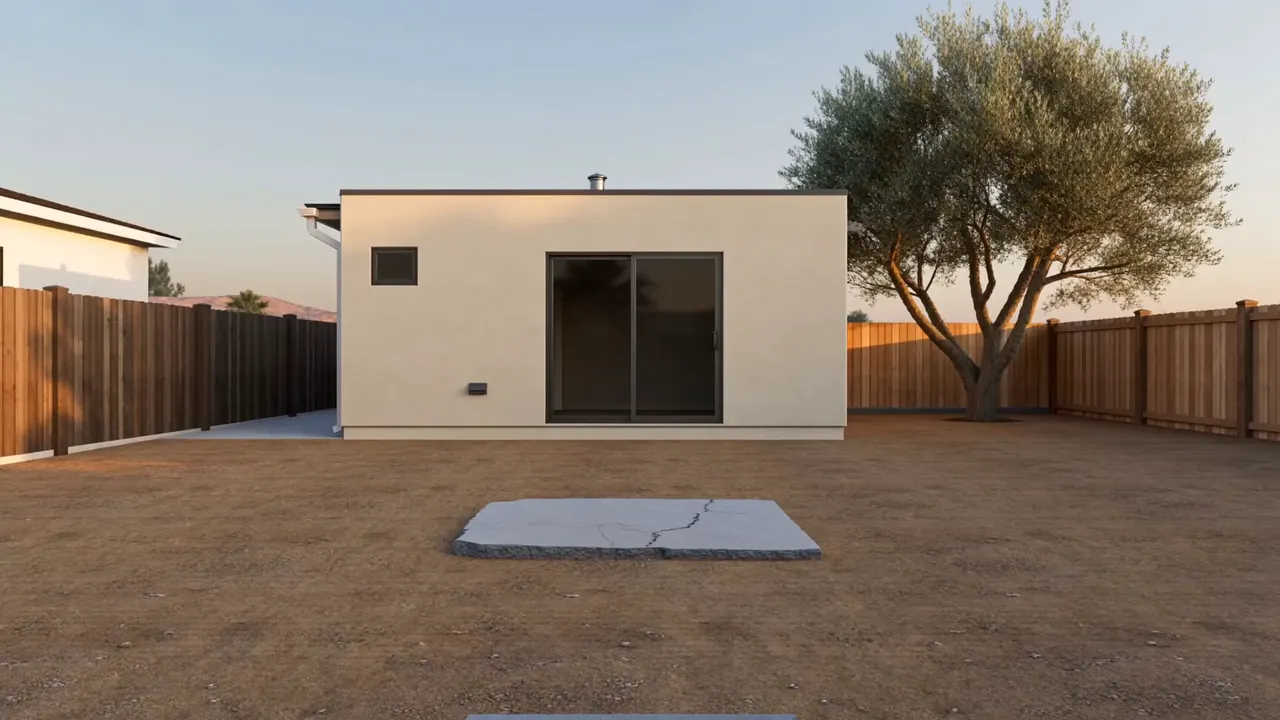 a modest stucco home and mature olive tree behind an ordinary bare yard.