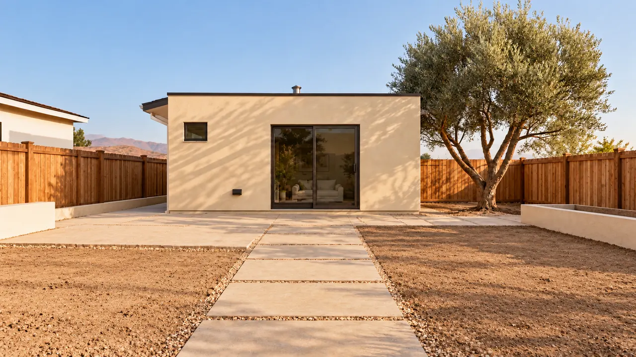 The same illustrative yard with pale patio slabs and a continuous path, before planting or furniture.