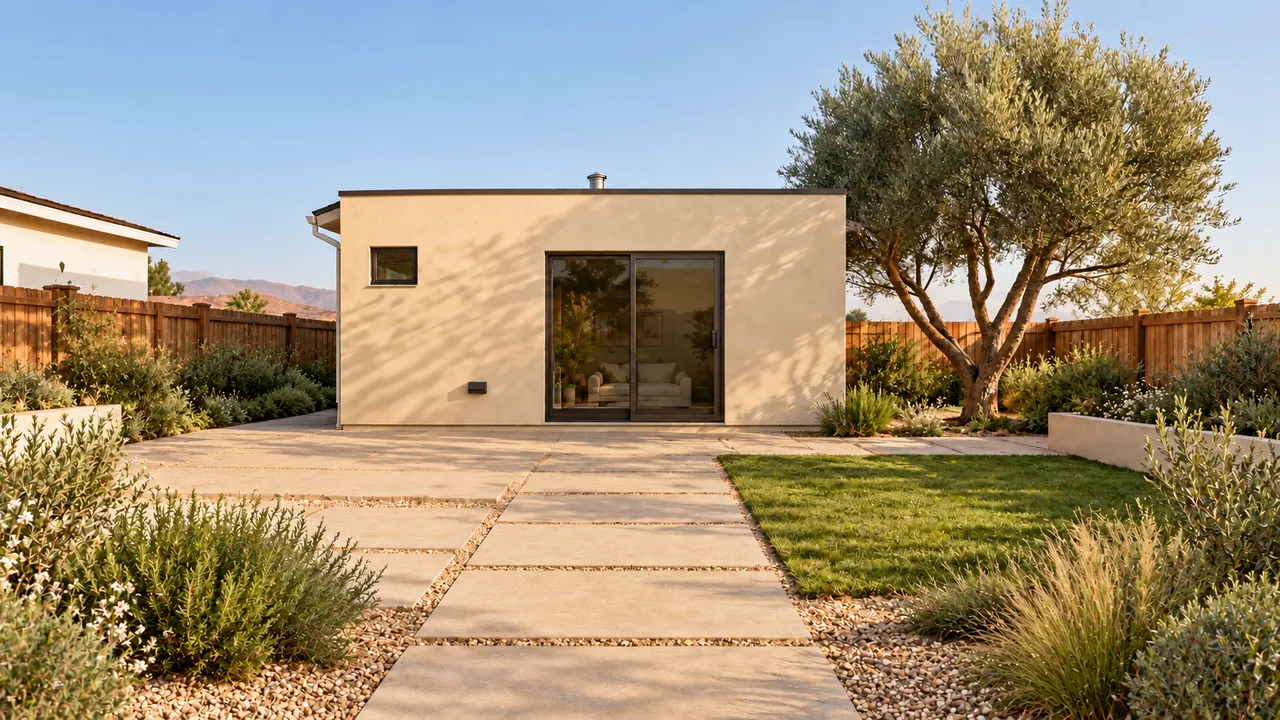 The same yard gains a green patch and planted edges around its unchanged tree and path.