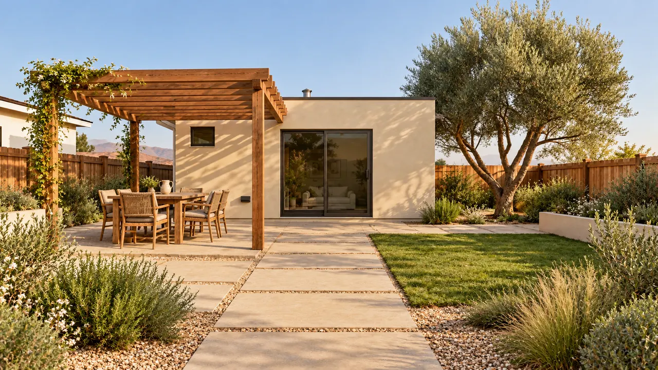 A timber pergola and dining table complete the same warm daytime yard concept.