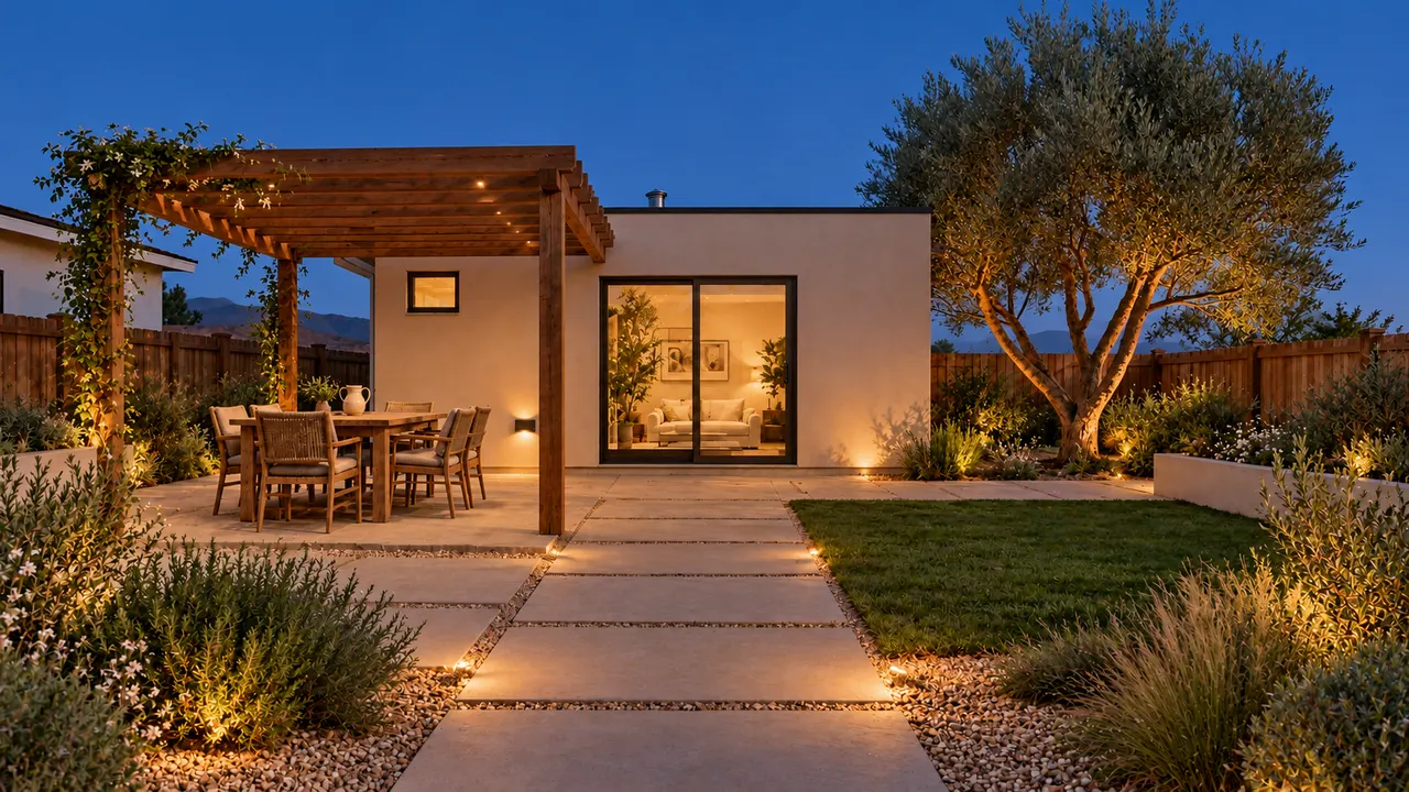 Warm path and pergola lighting bring the same finished yard into blue hour. concept, a starting point for planning.