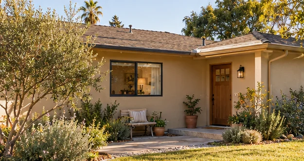 a modest entrance connected to an ordinary stucco home.