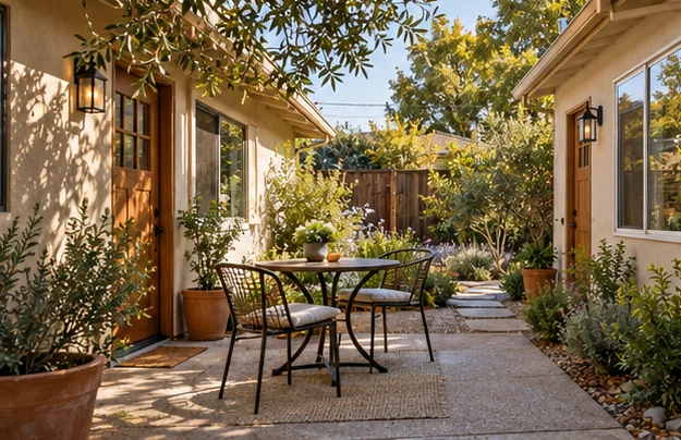 courtyard concept between two modest entrances, with a small shared table and planting.