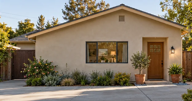 existing-space conversion appearance concept with residential window and entrance beside an ordinary driveway.