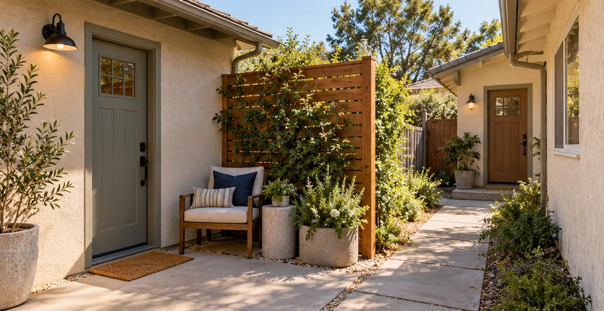 property relationship concept with separate domestic entrances, a small private seat and a planted slatted screen beside the shared path.