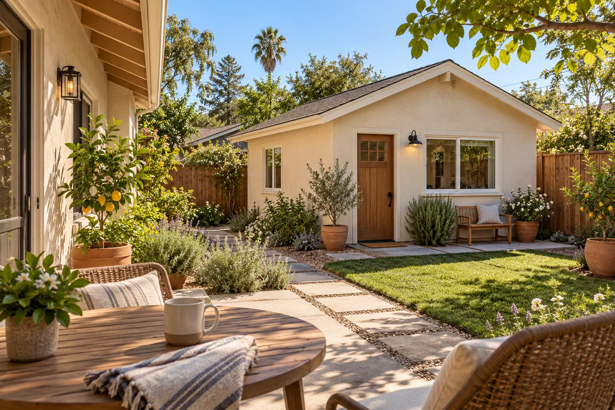 a modest detached living space across a planted courtyard from an ordinary main home.