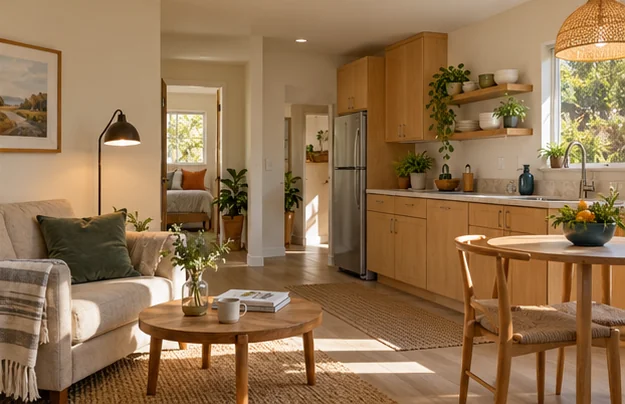 compact living interior with light-wood kitchenette, reading seat and small dining table.