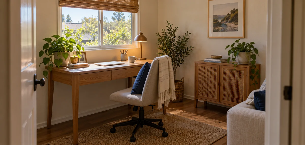 compact work-from-home corner with a modest desk at a window, reading lamp, chair and closed storage.