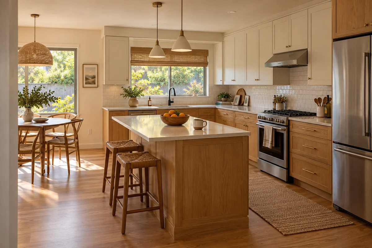Warm modern kitchen with oak-tone lower cabinetry, cream uppers, a modest island and breakfast corner.