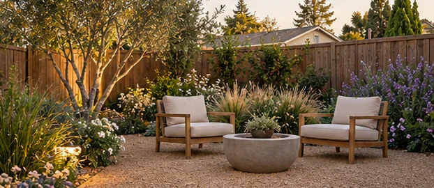 landscape design concept: Two seats on a warm granular surface within planting.