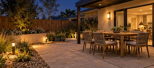 landscape design concept: Outdoor dining terrace with restrained evening light.
