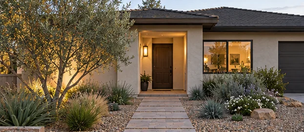 landscape design concept: Modest planted front entry with a paver walk.