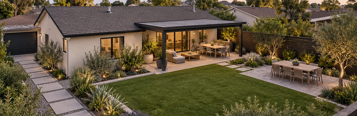 3D-style perspective concept of an ordinary yard: Paved dining, green space, routes and shade.