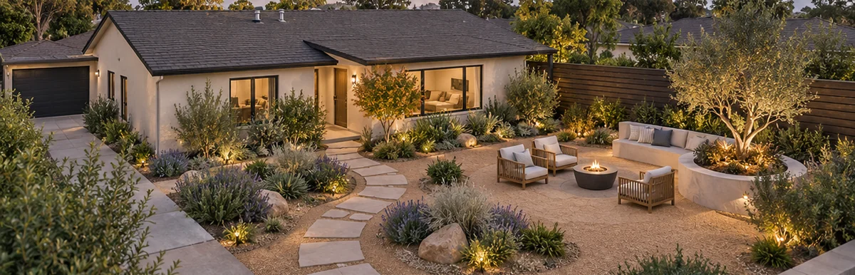 3D-style perspective concept of an ordinary yard: A granular sitting surface, planting and a short path.
