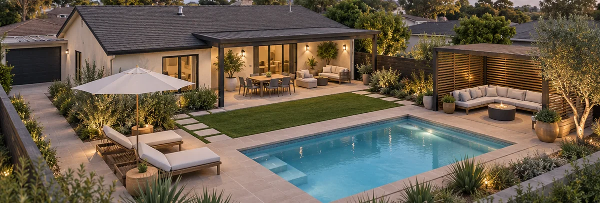 3D-style perspective concept of an ordinary yard: Pool, paved seat, green space and a shade destination.