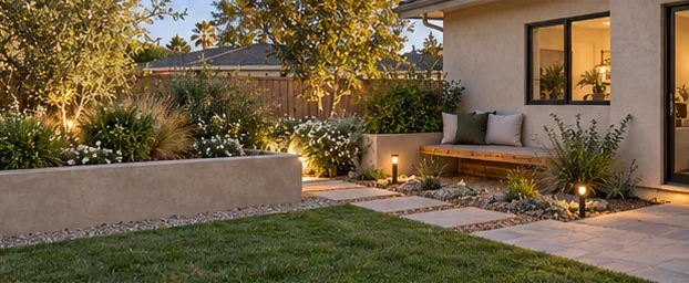 landscape design concept: Low planter, bench and small green-space relationship.