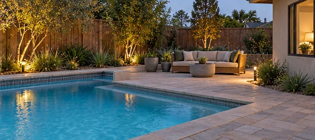landscape design concept: Modest pool-edge terrace with a private seat and planted boundary.