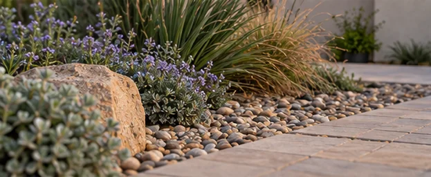 landscape design concept: Decorative-rock, planting and paver transition.