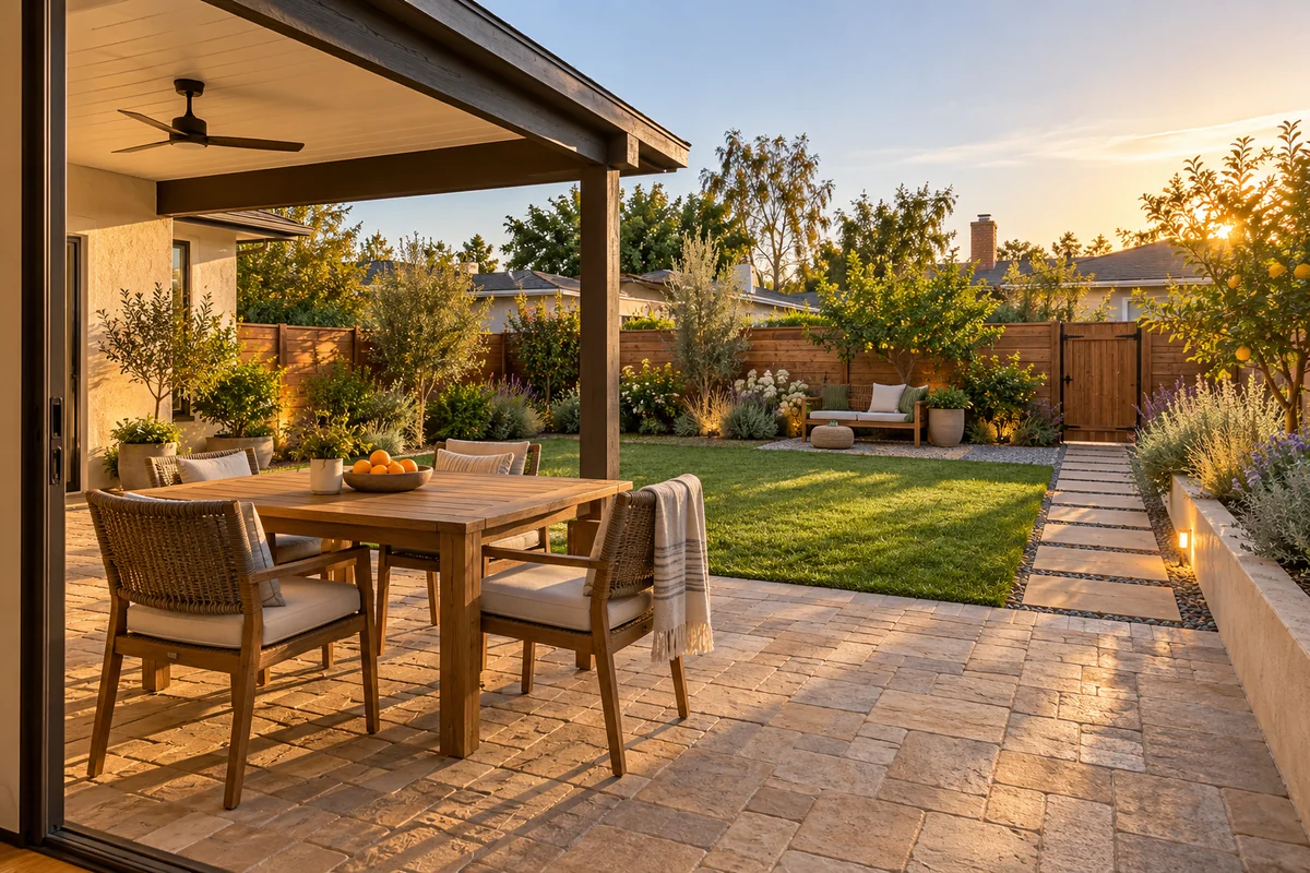 Whole-yard arrangement joining a paved dining area, modest lawn, stepping route, planted edge and shade beside a stucco home.